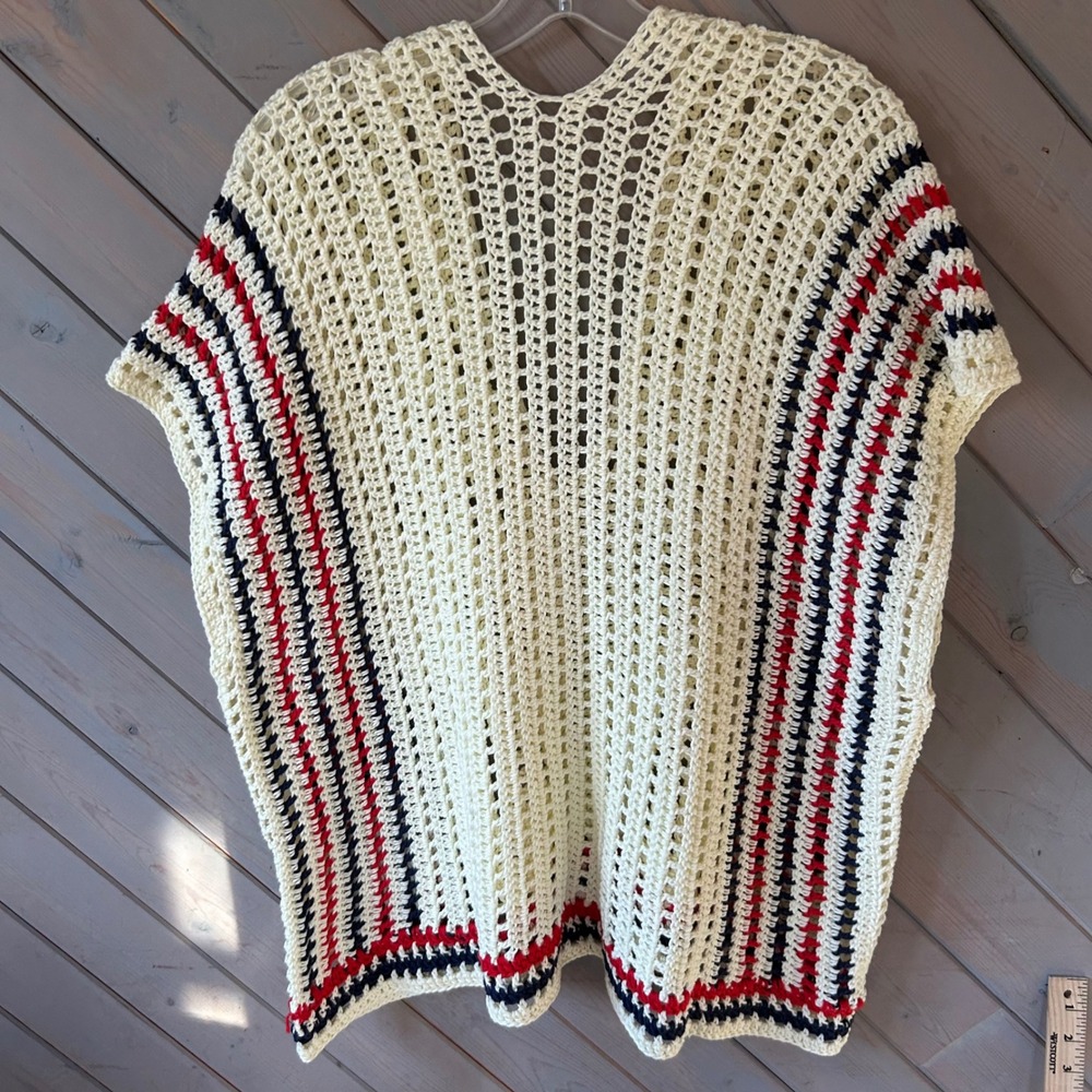 Handmade Crochet Picnic Poncho Cream Red Navy Blue Striped Open Knit V-Neck OS - Picture 2 of 4